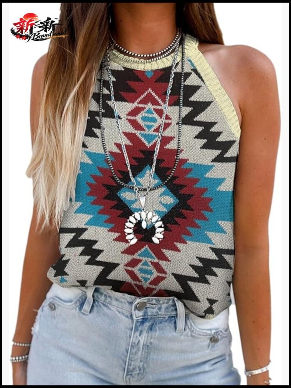Womens Sleeveless Sweater Tank Round Neck Casual Aztec Geometric Knit Top